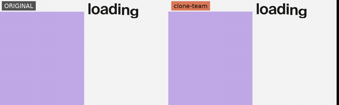 Mubasic — original (left) vs clone-team build (right), in sync