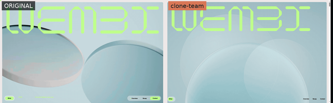 Wembi — original (left) vs clone-team build (right), scroll-synced
